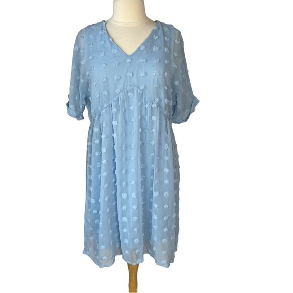 Kirundo Dress Medium Blue New Pom Texture Fit and Flair Short Sleeves - Picture 1 of 10